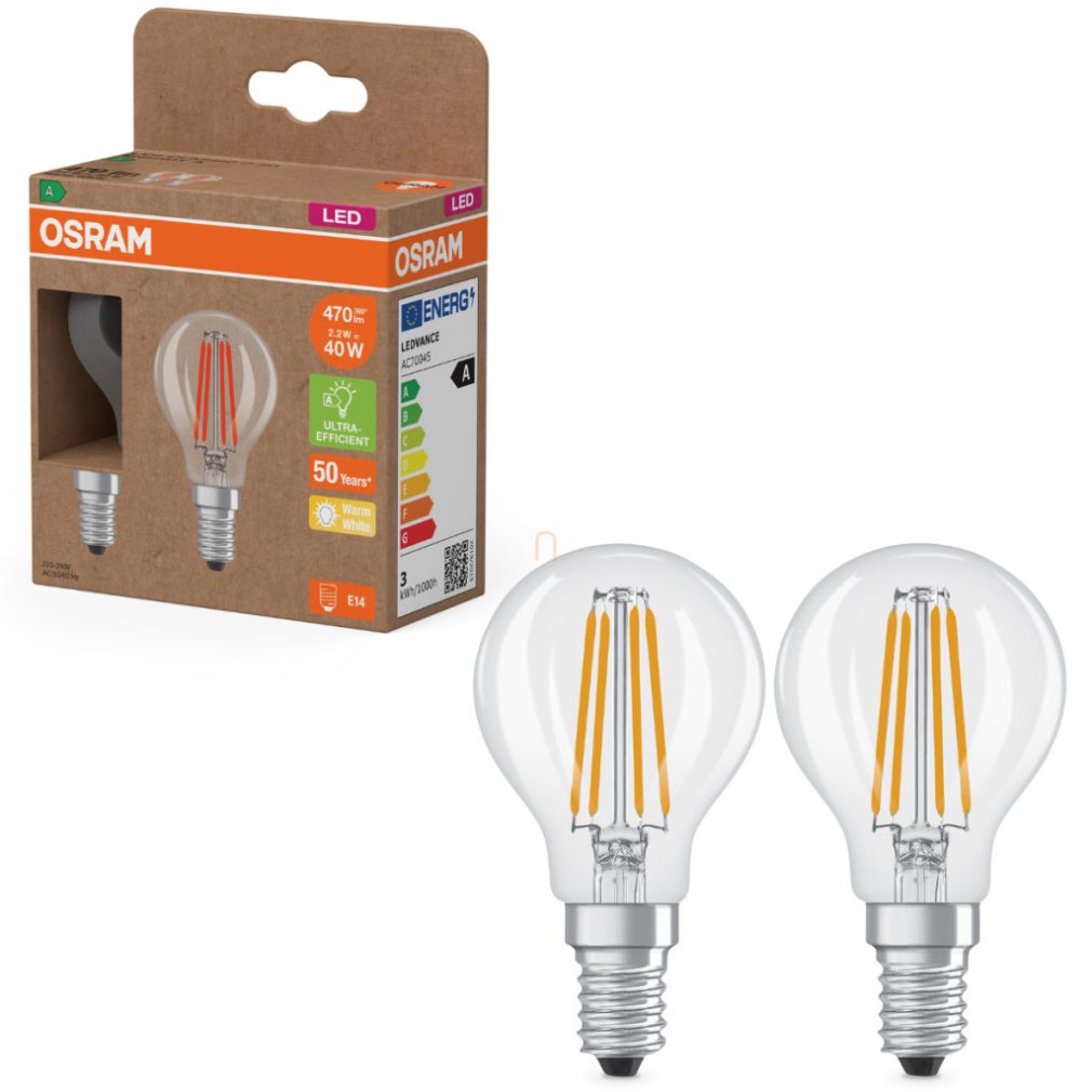 Osram E14 LED globule, 2,2 W, 470 lm, 2700 K, alb cald, sticlă transparentă - înlocuiește becul de 40 W, 2 bucăți - Superstar+ Classic P filament