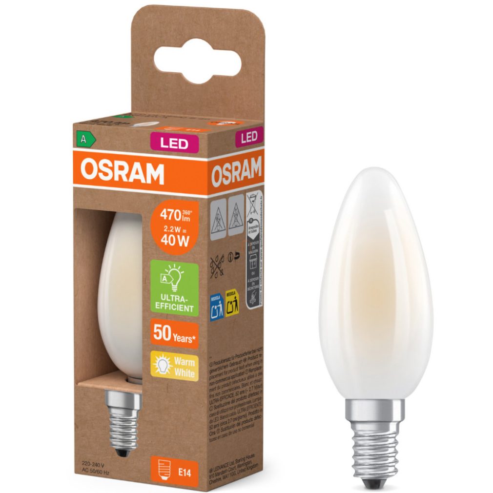 Lămpă LED Osram E14, 2,2 W, 470 lm, 2700 K, alb cald, sticlă opală - înlocuiește becul de 40 W - Superstar+ Classic B