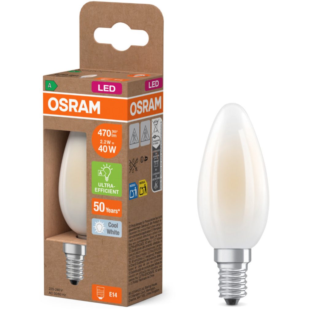 Lămpă LED Osram E14, 2,2 W, 470 lm, 4000 K, alb rece, sticlă opală - înlocuiește becul de 40 W - Superstar+ Classic B