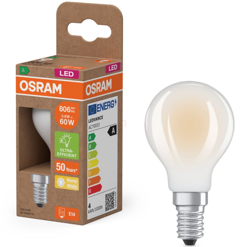 Osram E14 LED glob mic, 3,8 W, 806 lm, 2700 K, alb cald, sticlă opală - înlocuiește becul de 60 W - Superstar+ Classic P