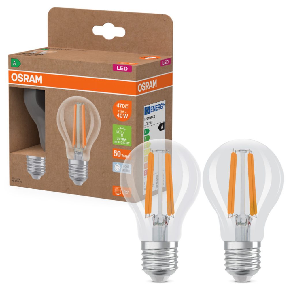 Osram E27 LED 2,2W, 470 lm, 4000 K, alb rece, sticlă transparentă - înlocuiește becul normal de 40 W, 2 bucăți - Superstar+ Classic A filament