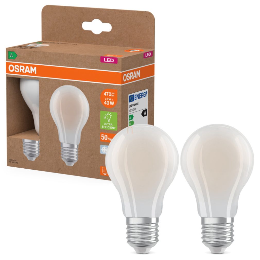 Osram E27 LED 2,2W, 470 lm, 4000 K, alb rece, sticlă opală - înlocuiește becul normal de 40 W, 2 bucăți - Superstar+ Classic A