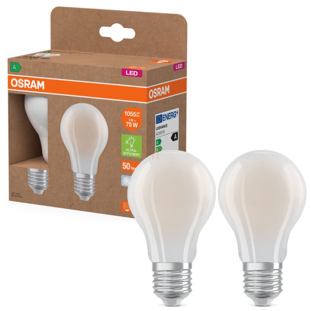 Osram E27 LED 5W, 1055 lm, 4000 K, alb rece, sticlă opală - înlocuiește becul normal de 75 W, 2 bucăți - Superstar+ Classic A