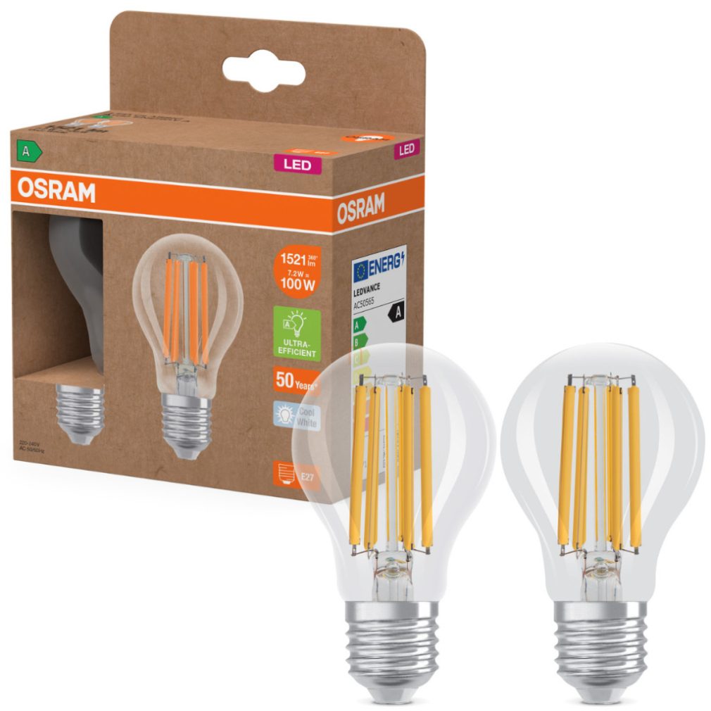 Osram E27 LED 7,2W, 1521 lm, 4000 K, alb rece, sticlă transparentă - înlocuiește becul normal de 100 W, 2 bucăți - Superstar+ Classic A filament