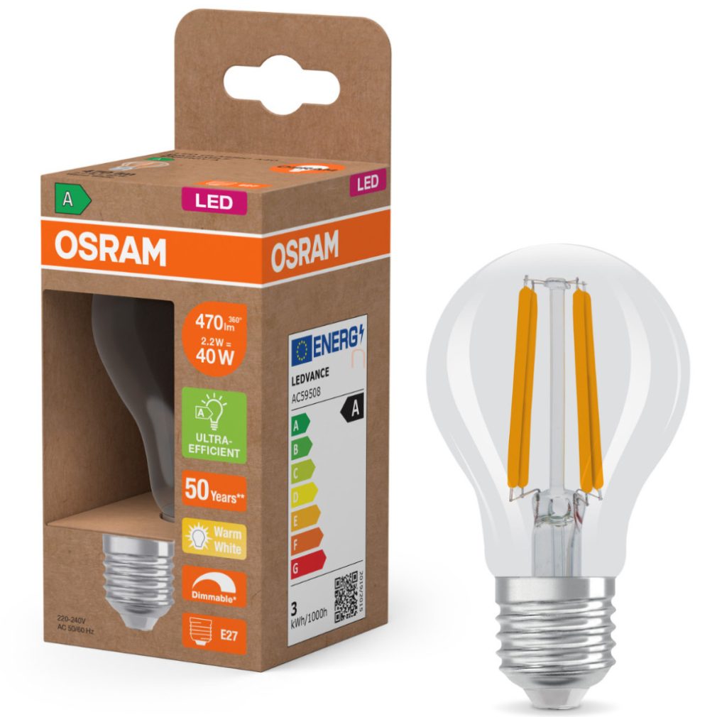 Osram E27 LED 2,2W, 470 lm, 2700 K, alb cald, dimabil, sticlă transparentă - înlocuiește becul normal de 40 W - Superstar+ Classic A filament