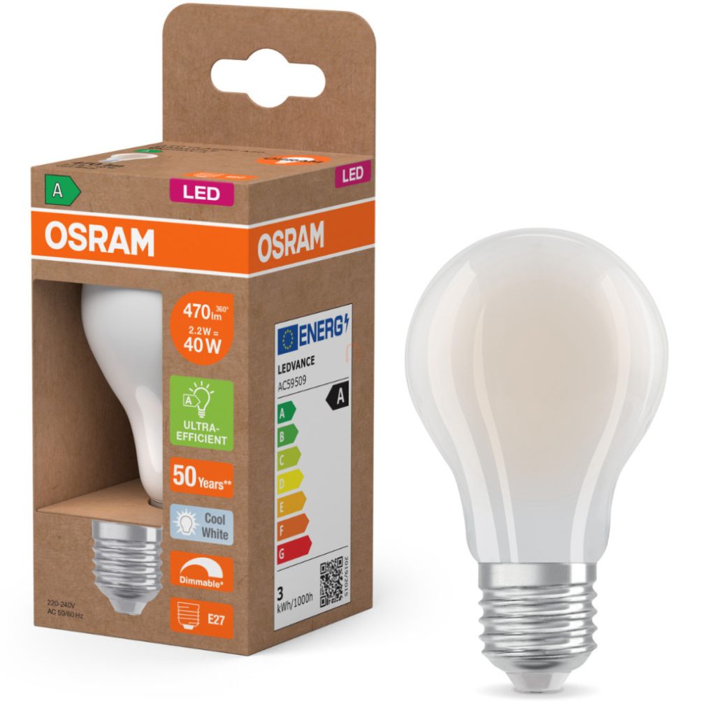 Osram E27 LED 2,2W, 470 lm, 4000 K, alb rece, dimabil, sticlă transparentă - înlocuiește becul normal de 40 W - Superstar+ Classic A filament