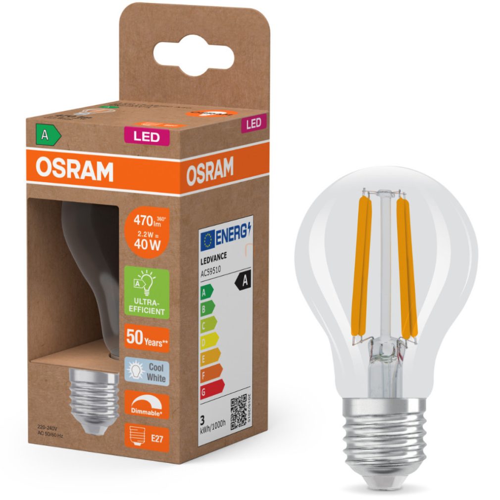 Osram E27 LED 2,2W, 470 lm, 4000 K, alb rece, dimabil, sticlă transparentă - înlocuiește becul normal de 40 W - Superstar+ Classic A