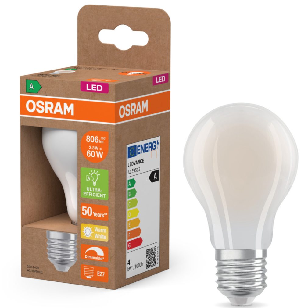 Osram E27 LED 3,8W, 806 lm, 2700 K, alb cald, dimabil, sticlă opală - înlocuiește becul normal de 60 W - Superstar+ Classic A
