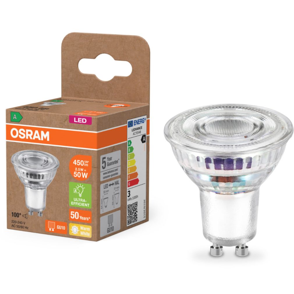 Osram GU10 LED 2,5W, 450 lm, 2700 K, alb cald, sticlă transparentă - înlocuiește becul de 50 W - Superstar+ Spot PAR16