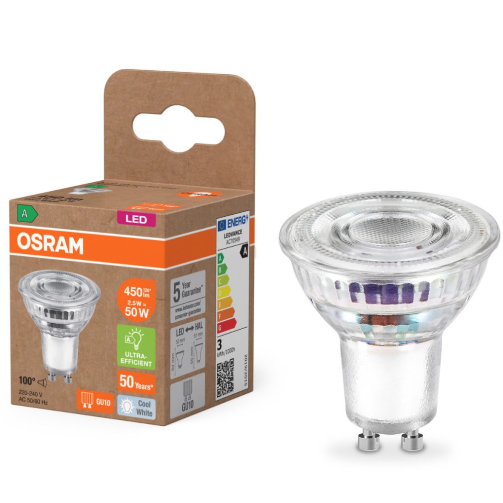 Osram GU10 LED 2,5W, 450 lm, 4000 K, alb rece, sticlă transparentă - înlocuiește becul de 50 W - Superstar+ Spot PAR16