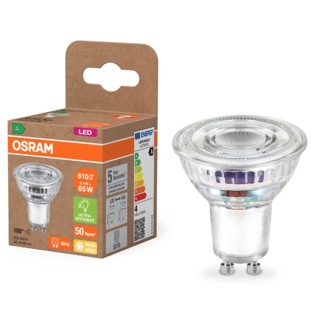 Osram GU10 LED 3,4W, 610 lm, 2700 K, alb cald, sticlă transparentă - înlocuiește becul de 60 W - Superstar+ Spot PAR16