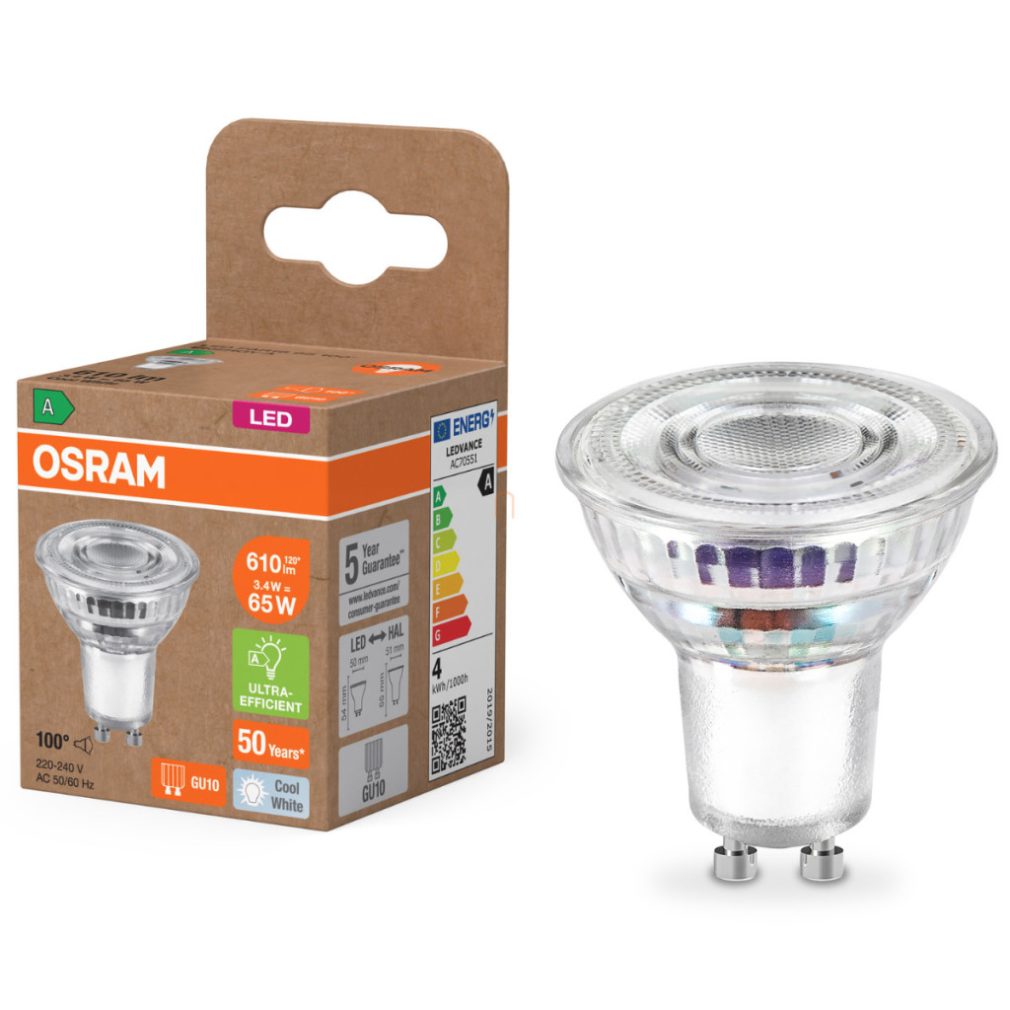 Osram GU10 LED 3,4W, 610 lm, 4000 K, alb rece, sticlă transparentă - înlocuiește becul de 60 W - Superstar+ Spot PAR16