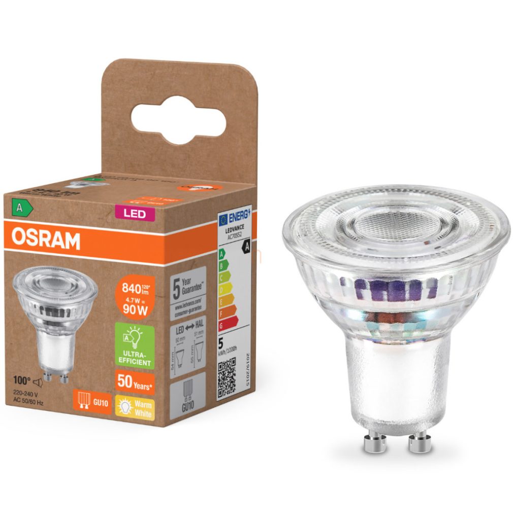 Osram GU10 LED 4,7W, 840 lm, 2700 K, alb cald, sticlă transparentă - înlocuiește becul de 80 W - Superstar+ Spot PAR16