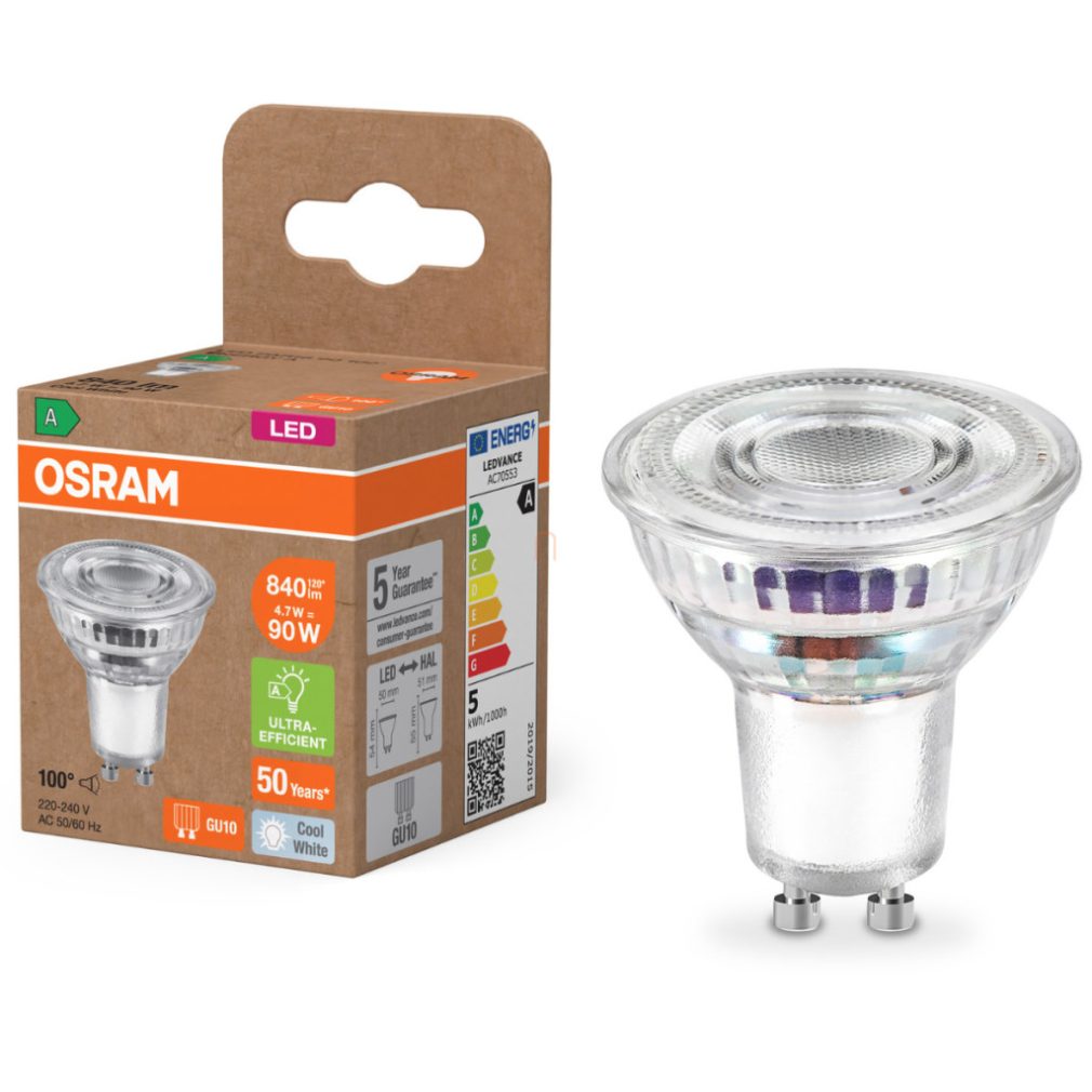 Osram GU10 LED 4,7W, 840 lm, 4000 K, alb rece, sticlă transparentă - înlocuiește becul de 80 W - Superstar+ Spot PAR16