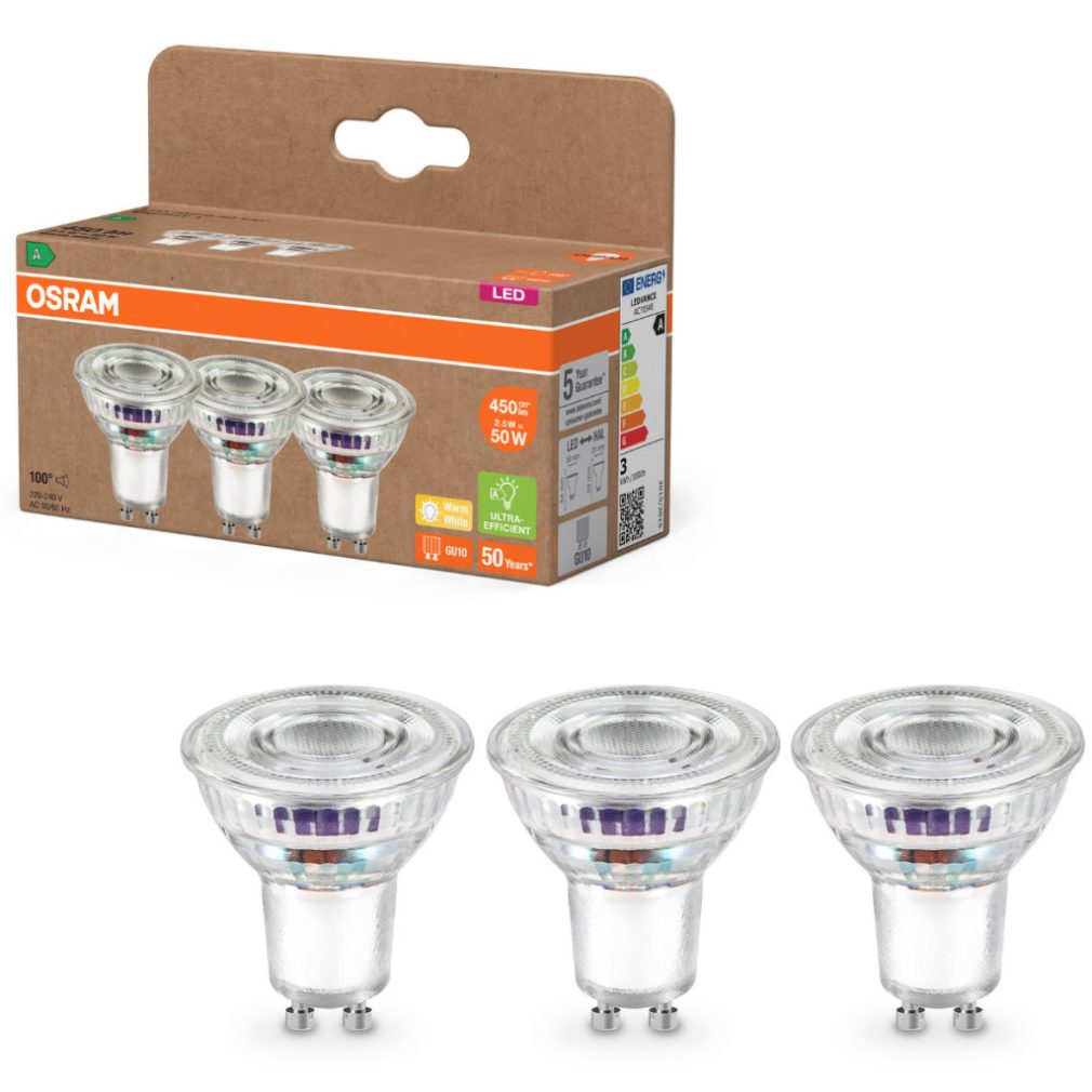 Osram GU10 LED 2,5W, 450 lm, 2700 K, alb cald, sticlă transparentă - înlocuiește becul de 50 W, 3 bucăți - Superstar+ Spot PAR16