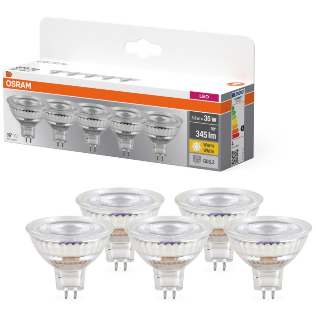 Osram GU5.3 LED 3,8W, 345 lm, 2700 K, alb cald, sticlă transparentă - înlocuiește becul de 35 W, 5 bucăți, 5 bucăți - Base Spot MR16