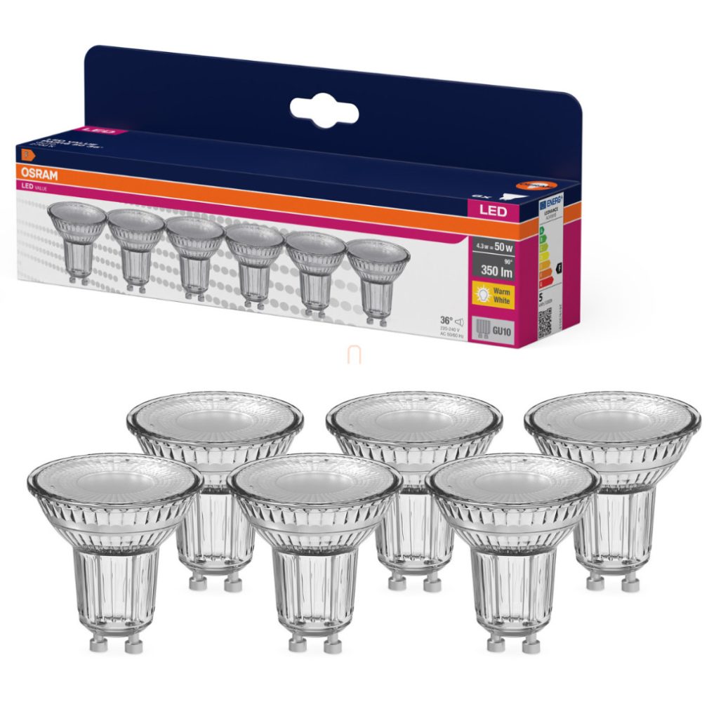 Osram GU10 LED 4,3W, 350 lm, 2700 K, alb cald, sticlă transparentă - înlocuiește becul de 50 W, 6 bucăți - Value Spot PAR16