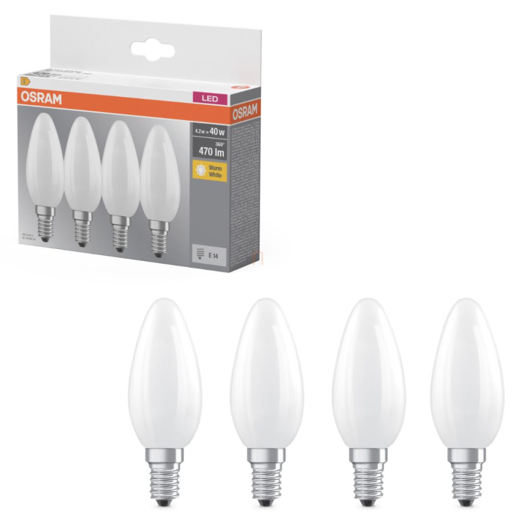 Osram E14 LED bec, 4,2 W, 470 lm, 2700 K, alb cald, sticlă opală - înlocuiește becul de 40 W, 4 bucăți - Base Classic B