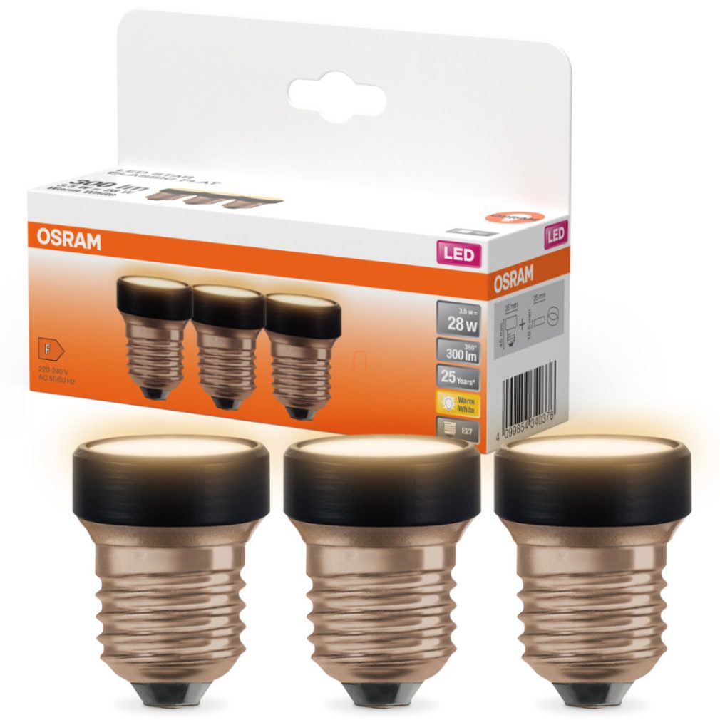Osram E27 LED 3,5W, 300 lm, 2700 K, alb cald, opal, plastic negru - înlocuiește becul de 25 W, 3 bucăți - Star Flat