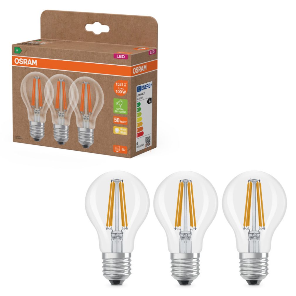 Osram E27 LED 7,2W, 1521 lm, 2700 K, alb cald, sticlă transparentă - înlocuiește becul normal de 100 W, 3 bucăți - Superstar+ Classic A filament