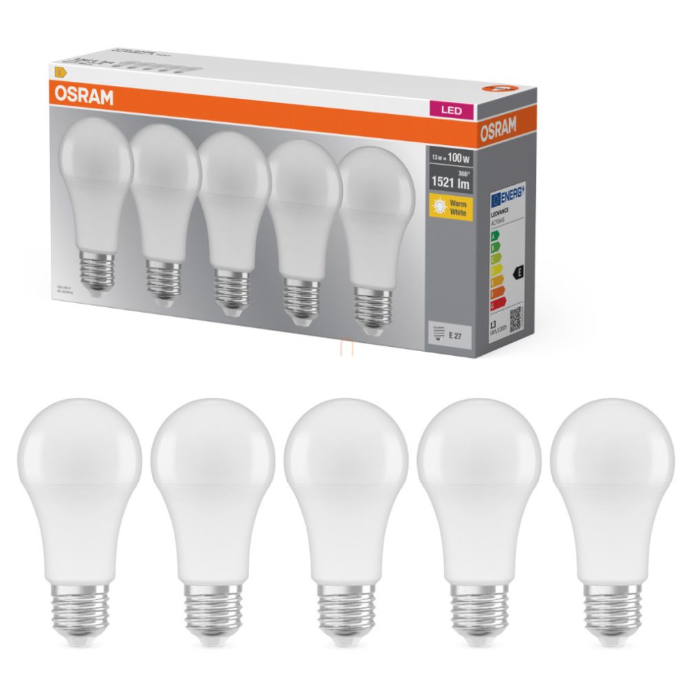 Osram E27 LED 13W, 1521 lm, 2700 K, alb cald, plastic opal - înlocuiește becul normal de 100 W, 5 bucăți - Base Classic A