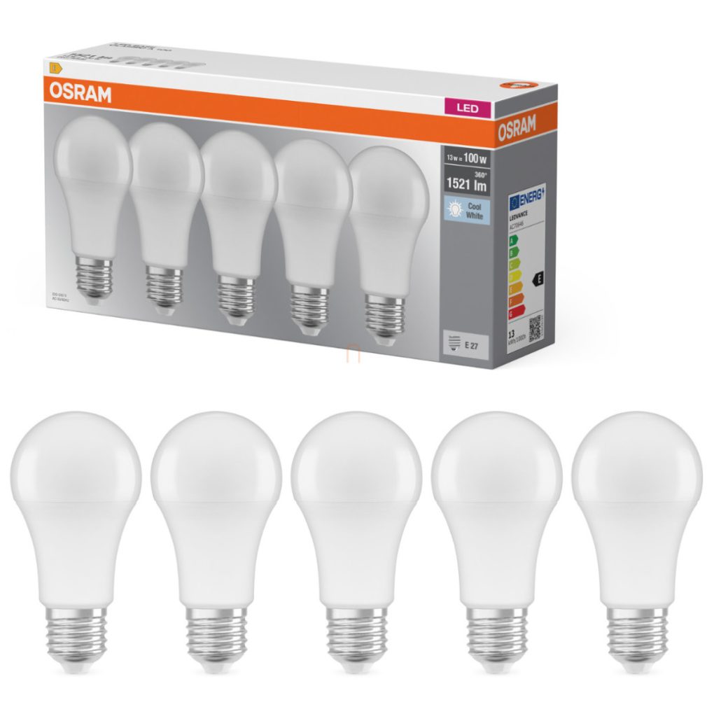 Osram E27 LED 13W, 1521 lm, 4000 K, alb rece, plastic opal - înlocuiește becul normal de 100 W, pachet de 5 bucăți - Base Classic A
