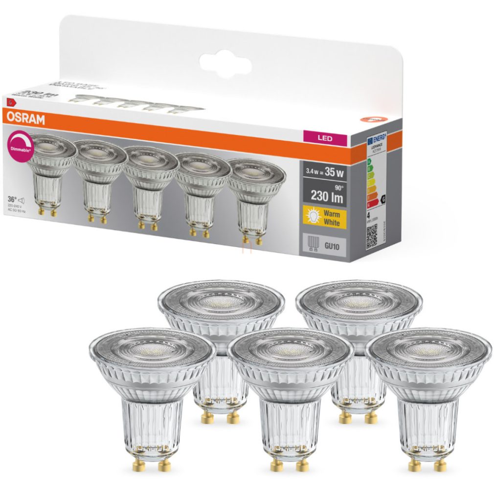 Osram GU10 LED 3,4W, 230 lm, 2700 K, alb cald, dimabil, sticlă transparentă - înlocuiește becul de 35 W, 5 bucăți - Base Spot PAR16