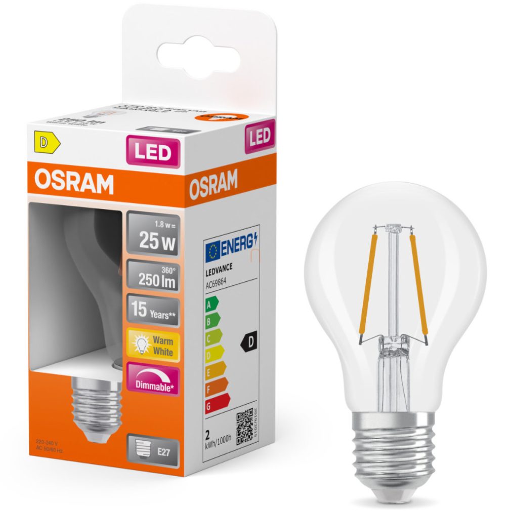 Osram E27 LED 1,8W, 250 lm, 2700 K, alb cald, dimabil, sticlă transparentă - înlocuiește becul normal de 25 W - Superstar Classic A filament