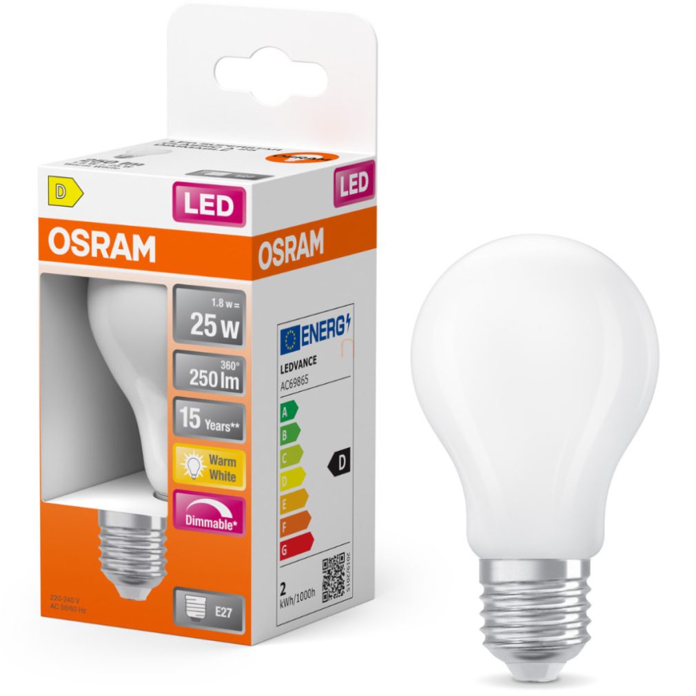 Osram E27 LED 1,8W, 250 lm, 2700 K, alb cald, dimabil, sticlă opală - înlocuiește becul normal de 25 W - Superstar Classic A