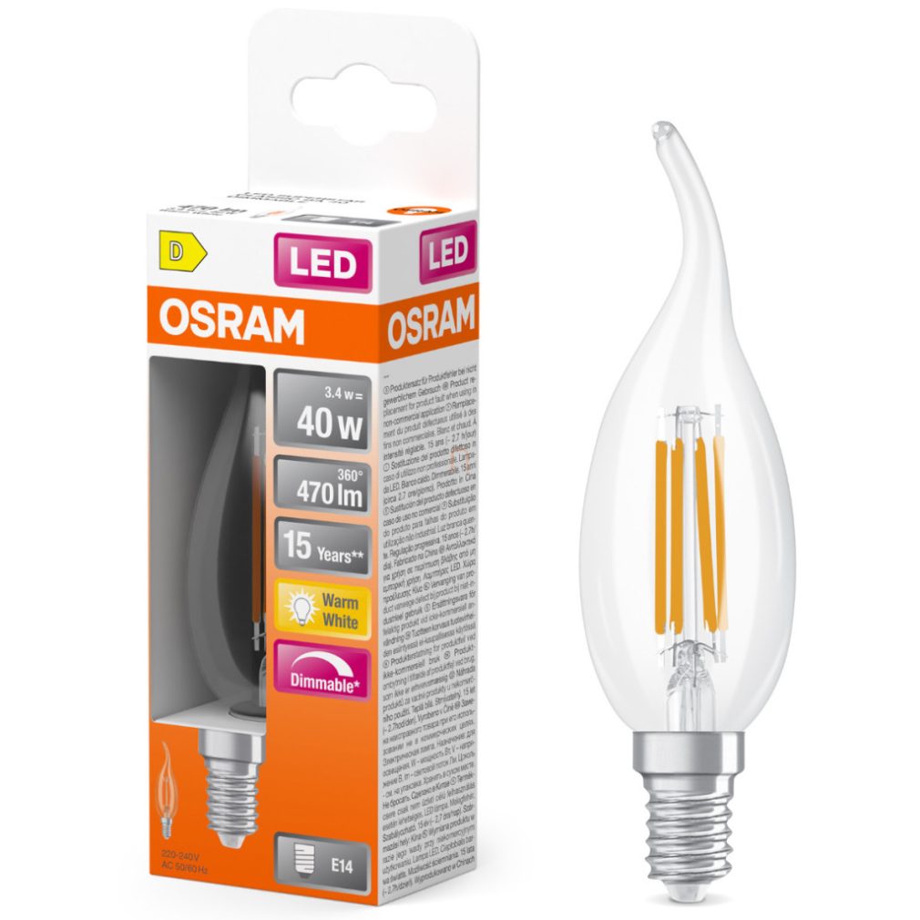 Lămpă LED Osram E14, 3,4 W, 470 lm, 2700 K, alb cald, dimabilă, sticlă transparentă - înlocuiește becul de 40 W - Superstar Classic BA filament