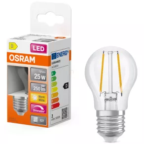   Bec LED Osram E27, 1,8 W, 250 lm, 2700 K, alb cald, reglabil, sticlă transparentă – înlocuiește becul incandescent de 25 W – Superstar Classic P filament