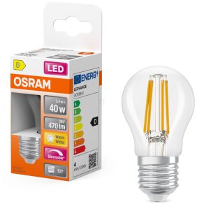   Osram E27 LED glob mic, 3,4 W, 470 lm, 2700 K, alb cald, cu intensitate reglabilă, sticlă transparentă - înlocuiește becul de 40 W - filament Superstar Classic P