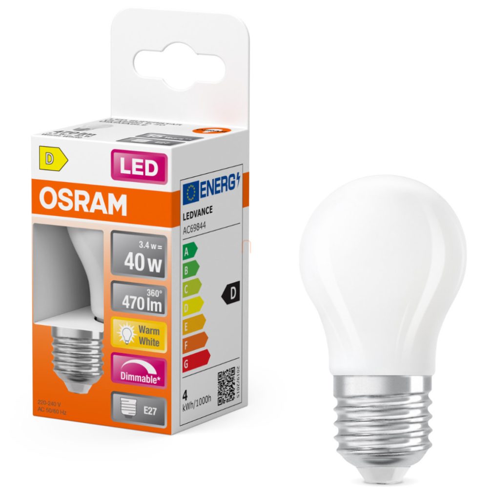 Osram E27 LED globule, 3,4W, 470 lm, 2700 K, alb cald, dimabil, sticlă opală - înlocuiește becul de 40 W - Superstar Classic P