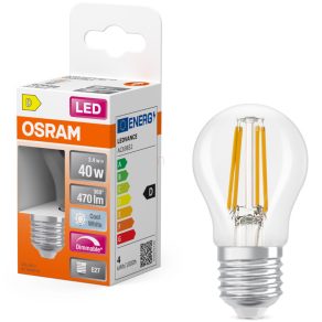   Osram E27 LED glob mic, 3,4 W, 470 lm, 4000 K, alb rece, cu intensitate reglabilă, sticlă transparentă - înlocuiește becul de 40 W - filament Superstar Classic P