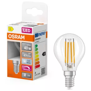   Osram E14 LED glob mic, 3,4 W, 470 lm, 4000 K, alb rece, cu intensitate reglabilă, sticlă transparentă - înlocuiește becul de 40 W - filament Superstar Classic P