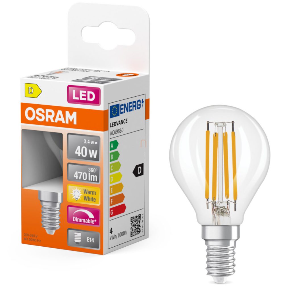 Osram E14 LED globule, 3,4 W, 470 lm, 2700 K, alb cald, dimabil, sticlă transparentă - înlocuiește becul de 40 W - Superstar Classic P filament