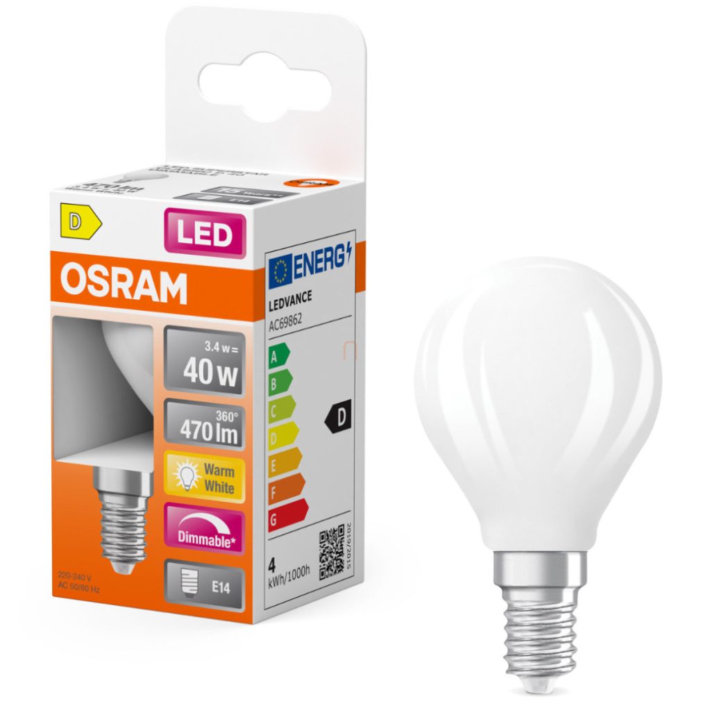 Osram E14 LED globule, 3,4W, 470 lm, 2700 K, alb cald, dimabil, sticlă opală - înlocuiește becul incandescent de 40 W - Superstar Classic P