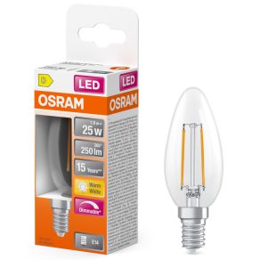   Lumină LED Osram E14, 1,8 W, 250 lm, 2700 K, alb cald, intensitate reglabilă, sticlă transparentă - înlocuiește becul de 25 W - filament Superstar Classic B