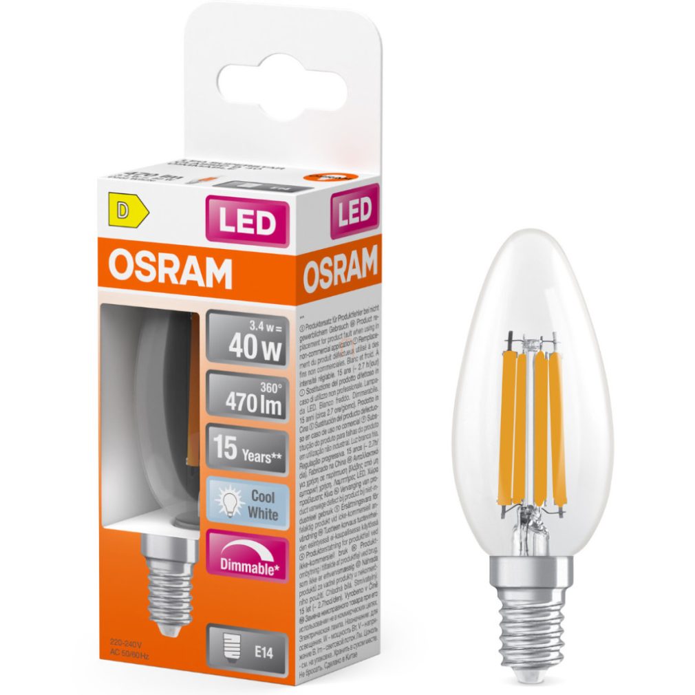 Lămpă LED Osram E14, 3,4 W, 470 lm, 4000 K, alb rece, dimabilă, sticlă transparentă - înlocuiește becul de 40 W - filament Superstar Classic B