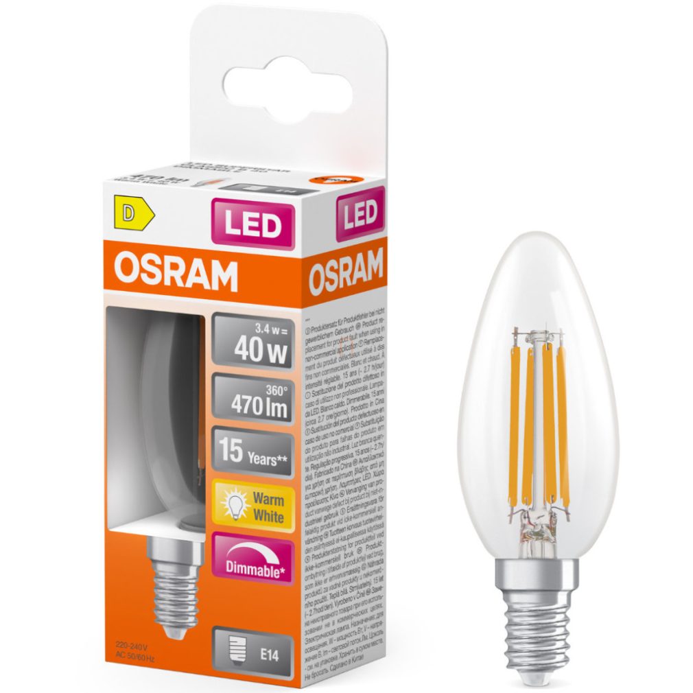Lămpă LED Osram E14, 3,4 W, 470 lm, 2700 K, alb cald, dimabilă, sticlă transparentă - înlocuiește becul de 40 W - filament Superstar Classic B