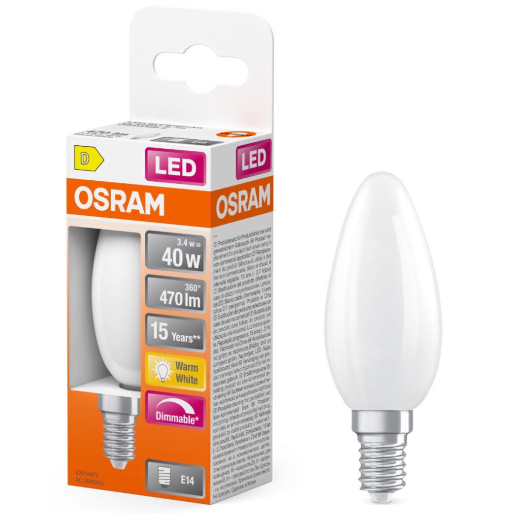 Lămpi LED Osram E14, 3,4 W, 470 lm, 2700 K, alb cald, dimabile, sticlă opală - înlocuiesc becurile de 40 W - Superstar Classic B