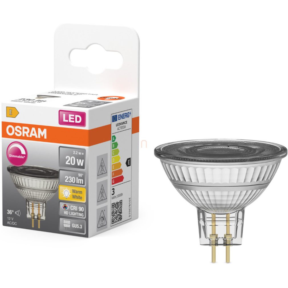 Osram GU5.3 LED 2,2W, 230 lm, 2700 K, alb cald, dimabil, sticlă transparentă - înlocuiește becul de 20 W - Star Spot MR16