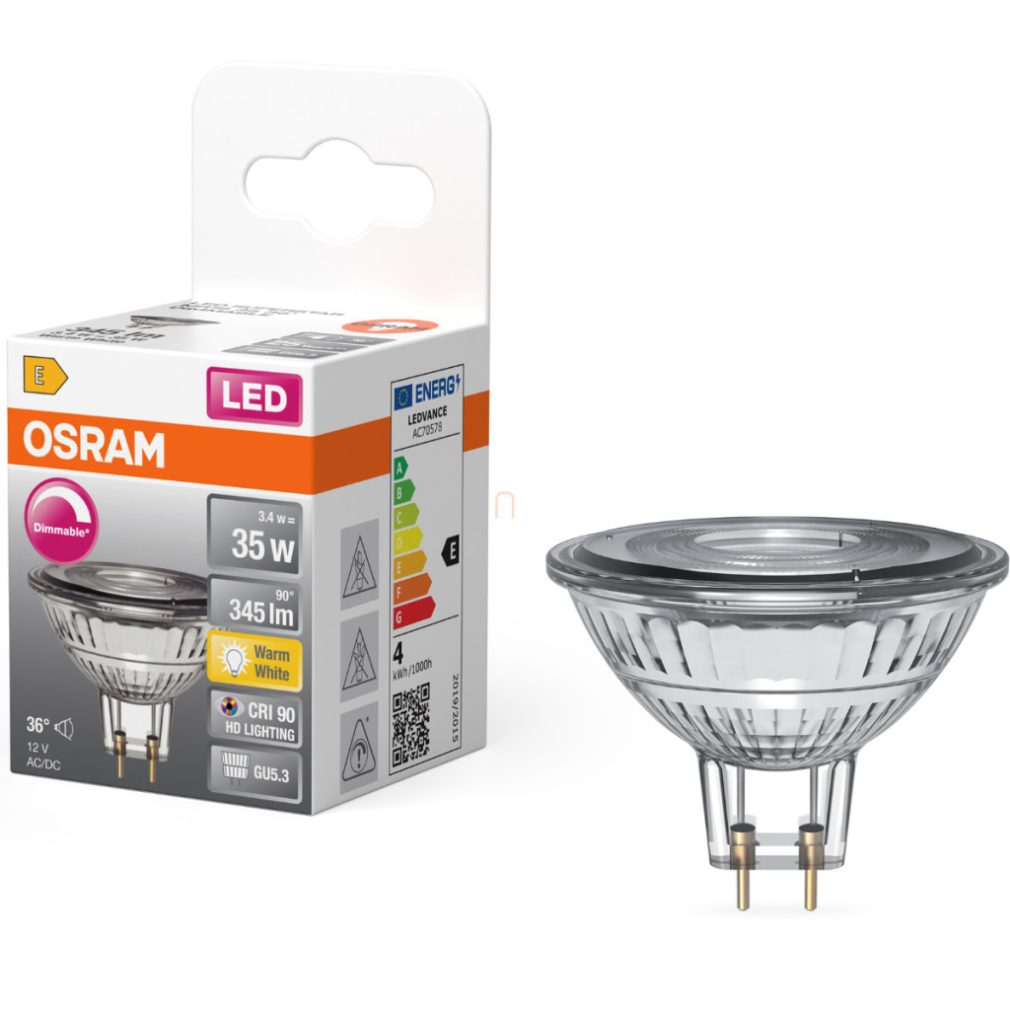 Osram GU5.3 LED 3,4W, 345 lm, 2700 K, alb cald, dimabil, sticlă transparentă - înlocuiește becul de 35 W - Star Spot MR16