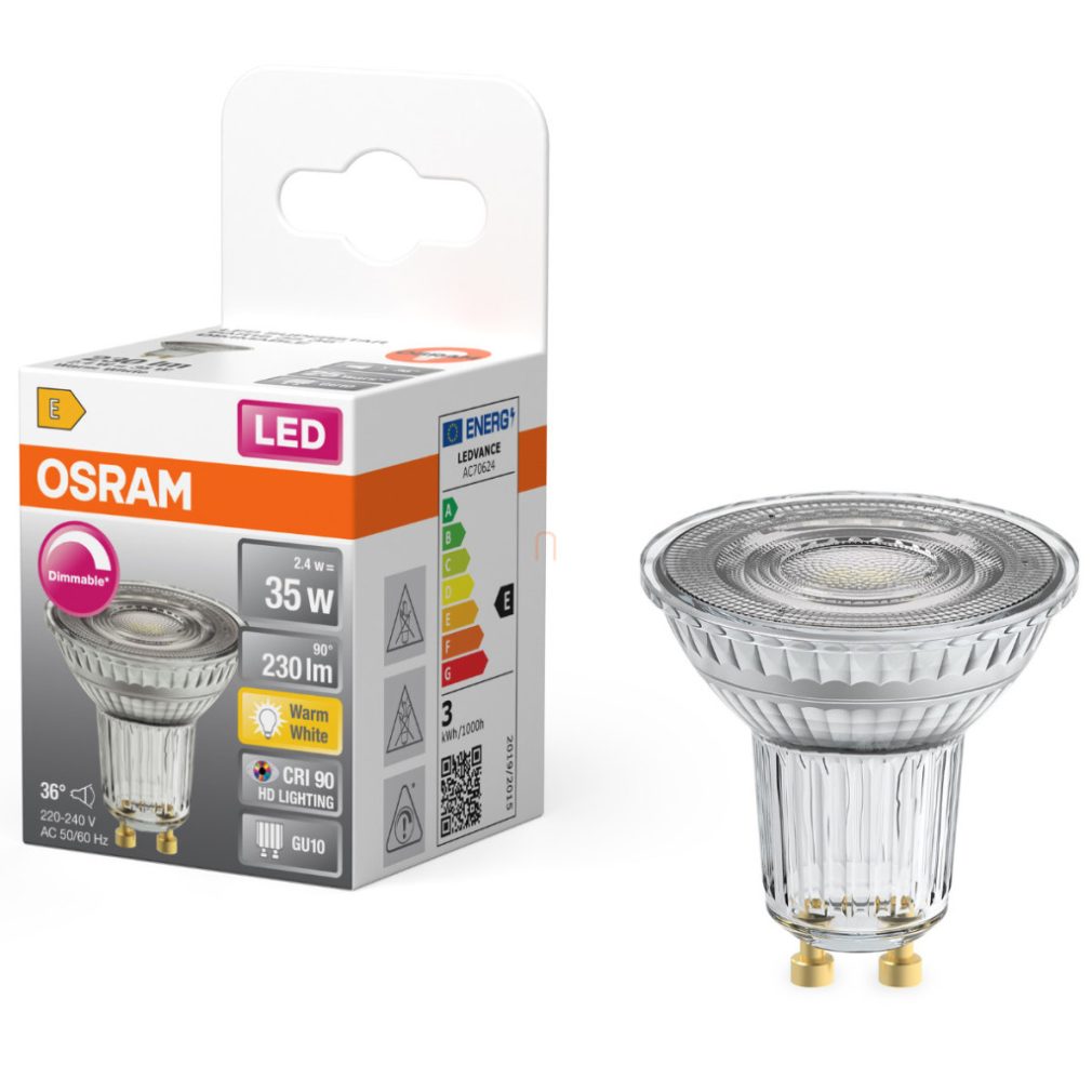 Osram GU10 LED 2,4W, 230 lm, 2700 K, alb cald, dimabil, sticlă transparentă - înlocuiește becul de 35 W - Superstar Spot PAR11