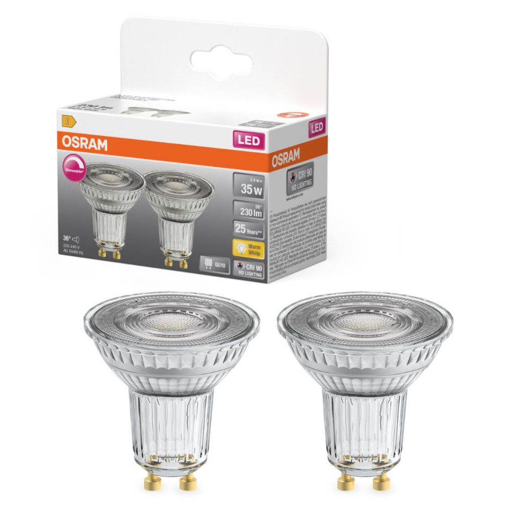 Osram GU10 LED 2,4W, 230 lm, 2700 K, alb cald, dimabil, sticlă transparentă - înlocuiește becul de 35 W, 2 bucăți - Superstar Spot PAR11