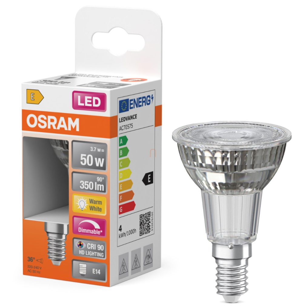 Osram E14 LED 3,7W, 350 lm, 2700 K, alb cald, dimabil, sticlă transparentă - înlocuiește becul de 50 W - Superstar Spot PAR11