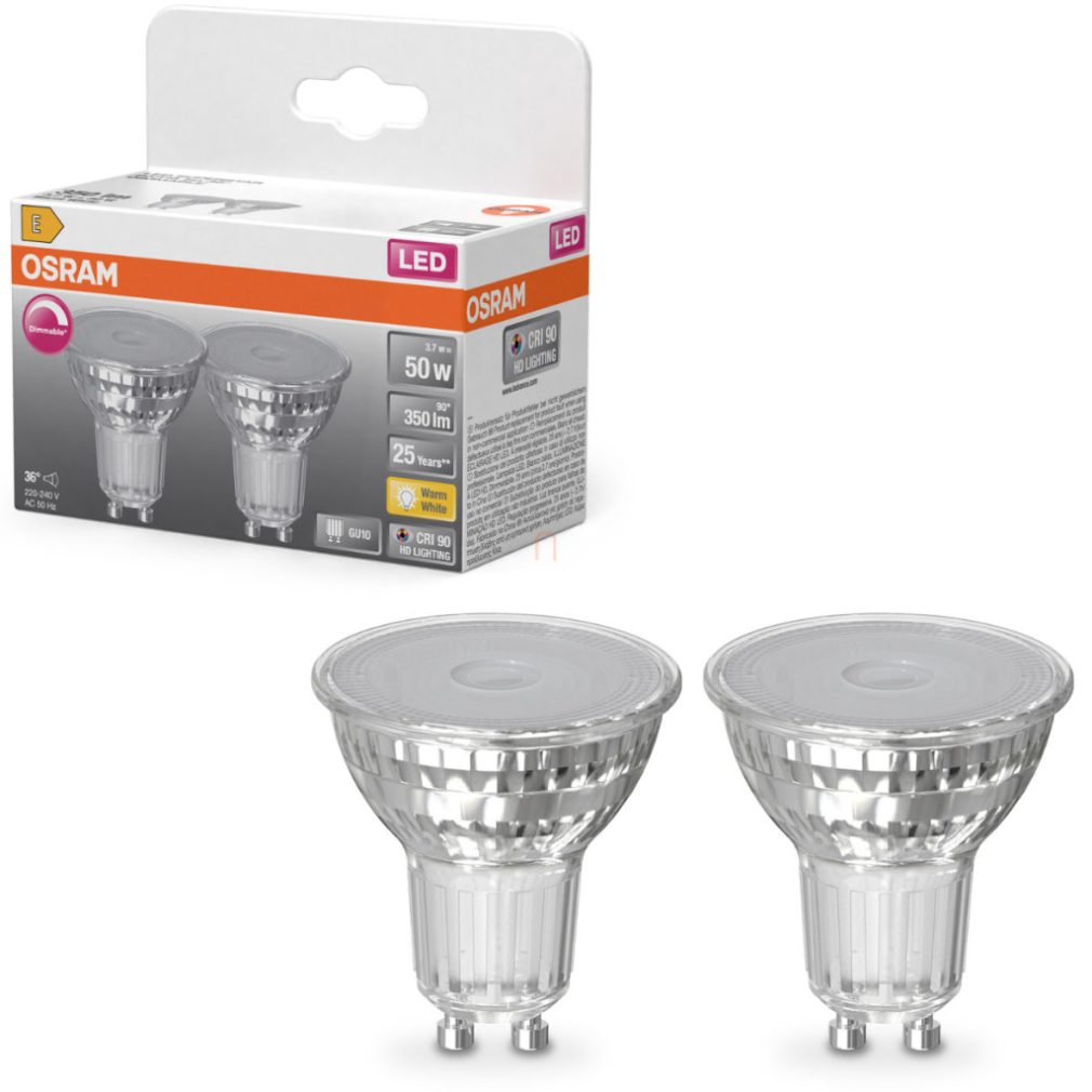 Osram GU10 LED 3,7W, 350 lm, 2700 K, alb cald, dimabil, sticlă transparentă - înlocuiește becul de 50 W, 2 bucăți - Superstar Spot PAR11