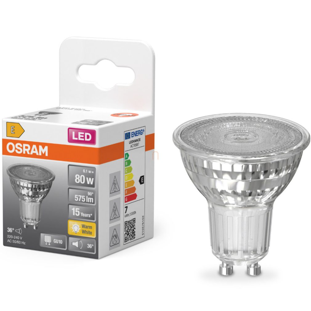 Osram GU10 LED 6,1W, 575 lm, 2700 K, alb cald, sticlă transparentă - înlocuiește becul de 80 W - Star Spot PAR16