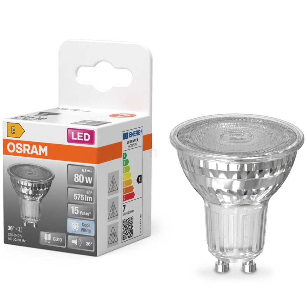 Osram GU10 LED 6,1W, 575 lm, 4000 K, alb rece, sticlă transparentă - înlocuiește becul de 80 W - Star Spot PAR16