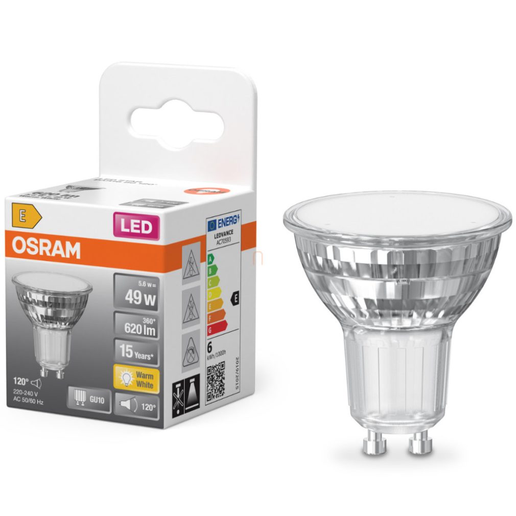 Osram GU10 LED 5,6W, 620 lm, 2700 K, alb cald, sticlă transparentă - înlocuiește becul de 50 W - Star Spot PAR16